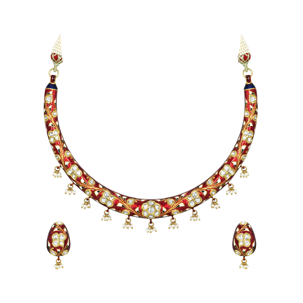 Polki Hasli Necklace Set with Red Enamel and Pearl Beads